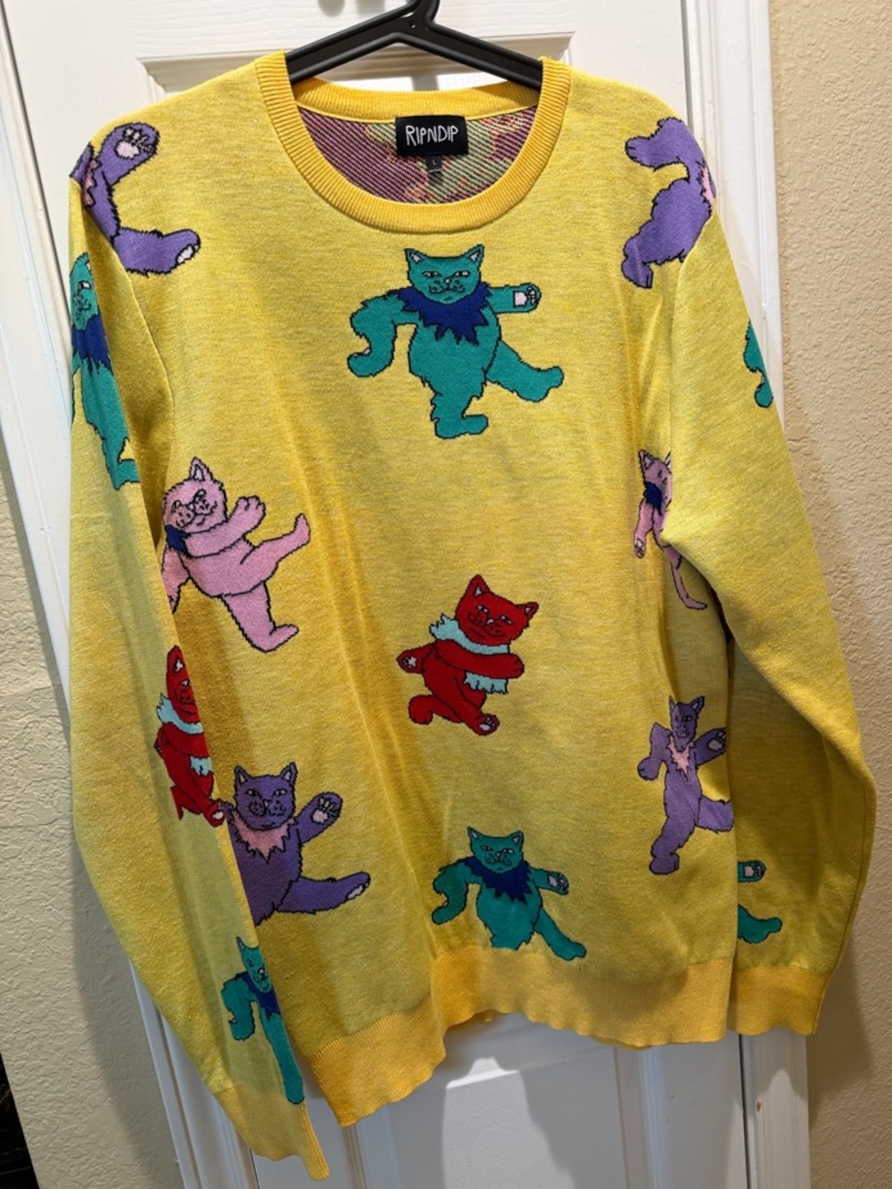 Ripndip Yellow Knit Sweater with Multicolor Dancing Cats